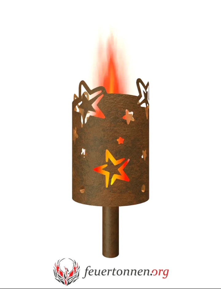 Gartenfackel mit Flamme: brauner Metallzylinder mit Sternen, auf Stiel