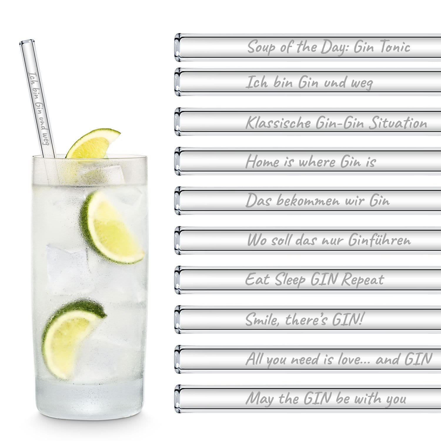 Gin Cocktail Glasstrohhalme Party Set mit 20 Gin Sprüchen & Zitaten - 20 Glastrinkhalme