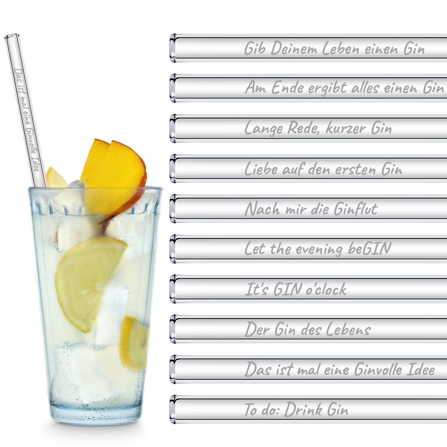 Gin Cocktail Glasstrohhalme Party Set mit 20 Gin Sprüchen & Zitaten - 20 Glastrinkhalme