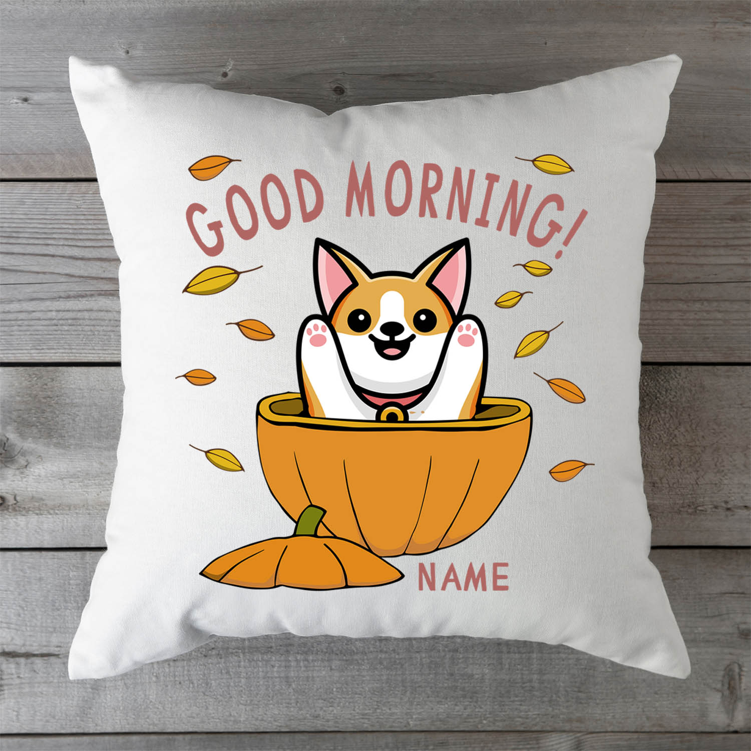 Bedrucktes Kissen mit Spruch Good morning Dog pumpkin