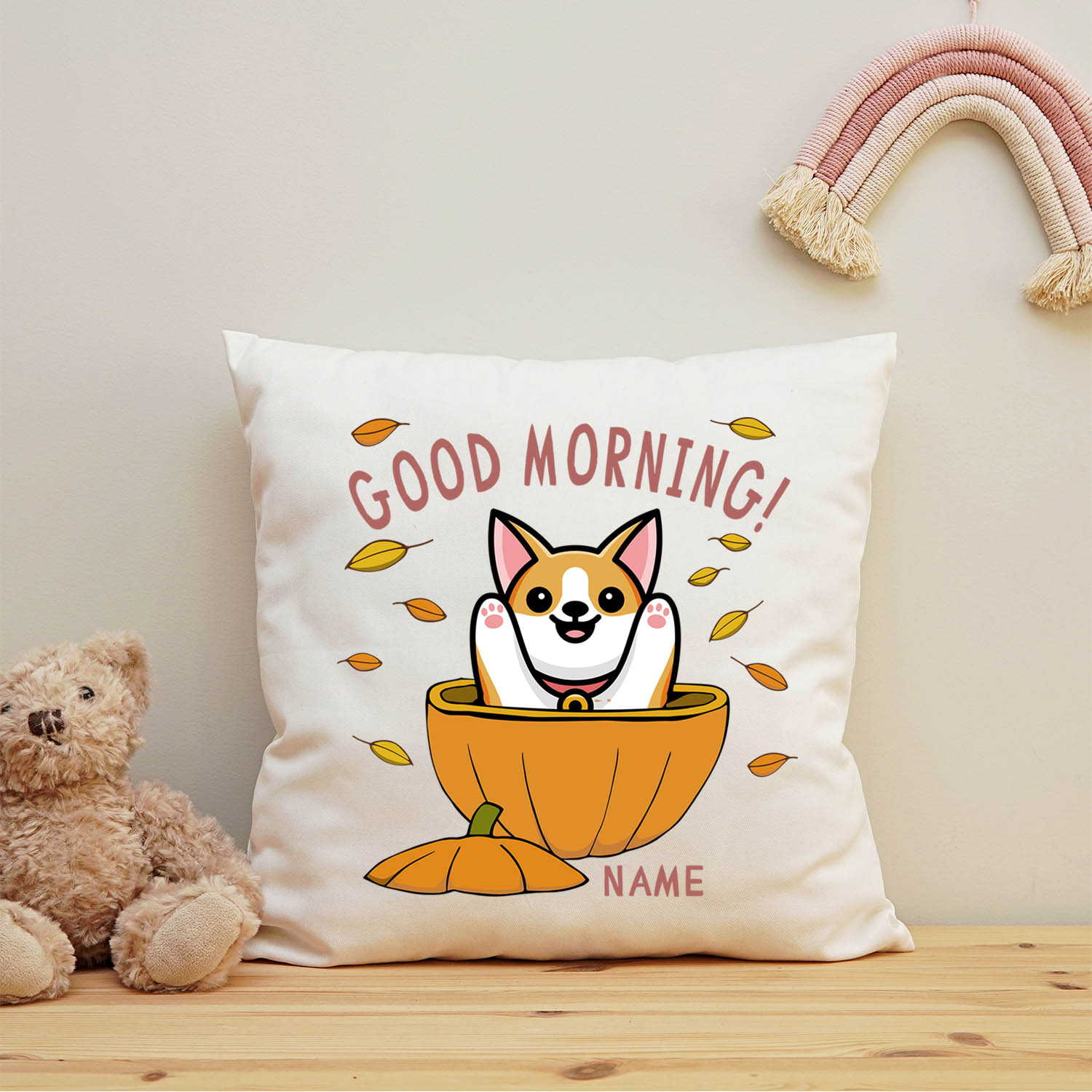 Bedrucktes Kissen mit Spruch Good morning Dog pumpkin