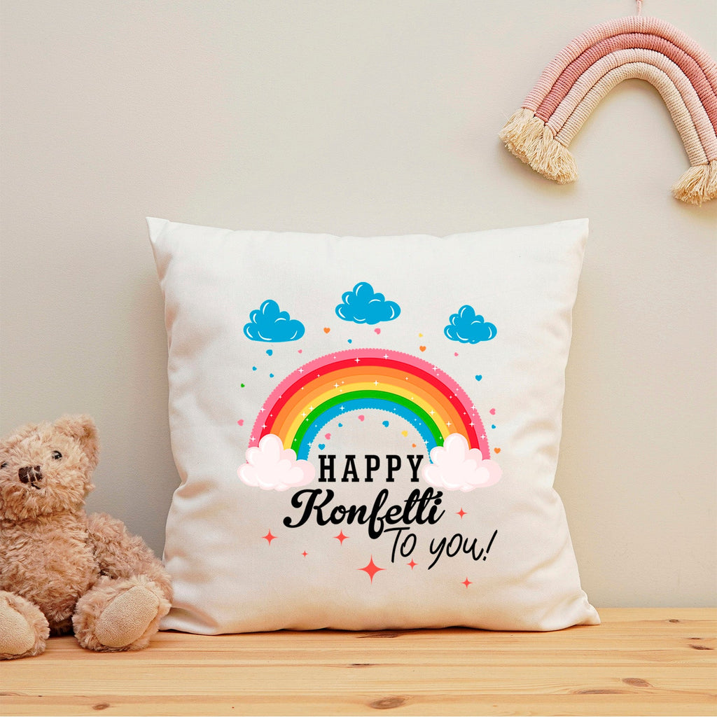 Bedrucktes Kissen mit Spruch Happy Konfetti to you!