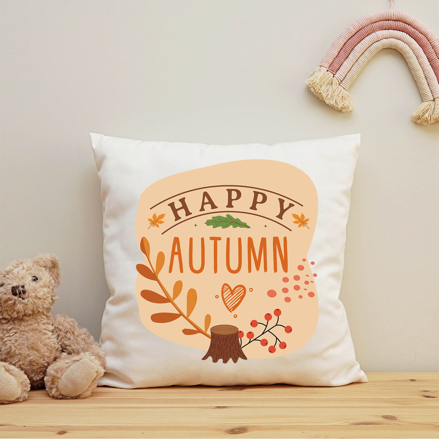 Bedrucktes Kissen mit Spruch Happy Autumn
