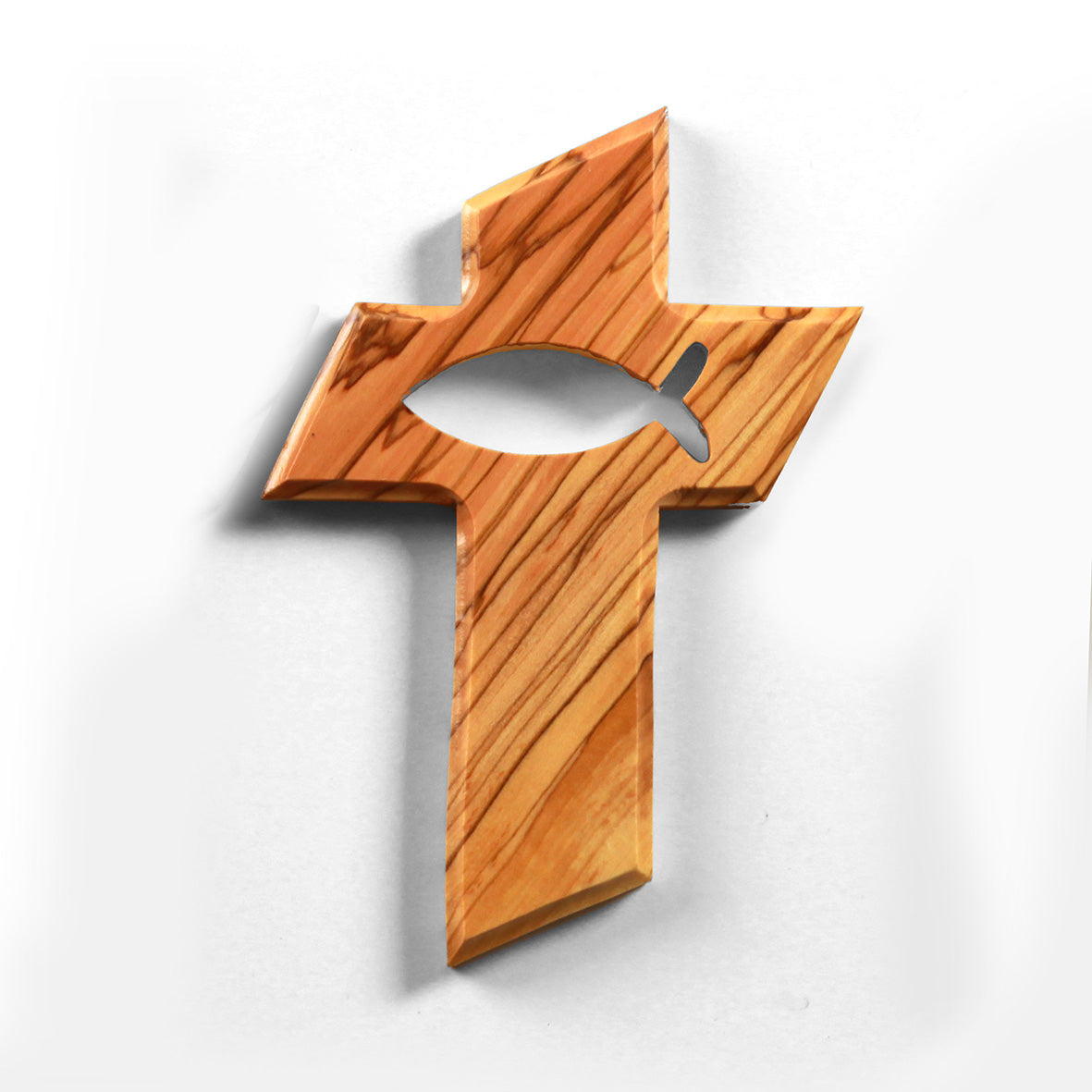 Olivenholz Kreuz mit Fisch (13 cm) | Wandkreuz als Geschenk zur Taufe, Kommunion & Geburt