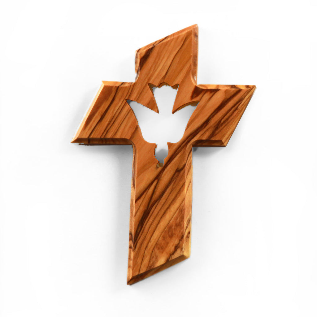 Olivenholz Kreuz mit Heiligem Geist (13 cm) | Wandkreuz als Geschenk zur Taufe, Kommunion & Firmung