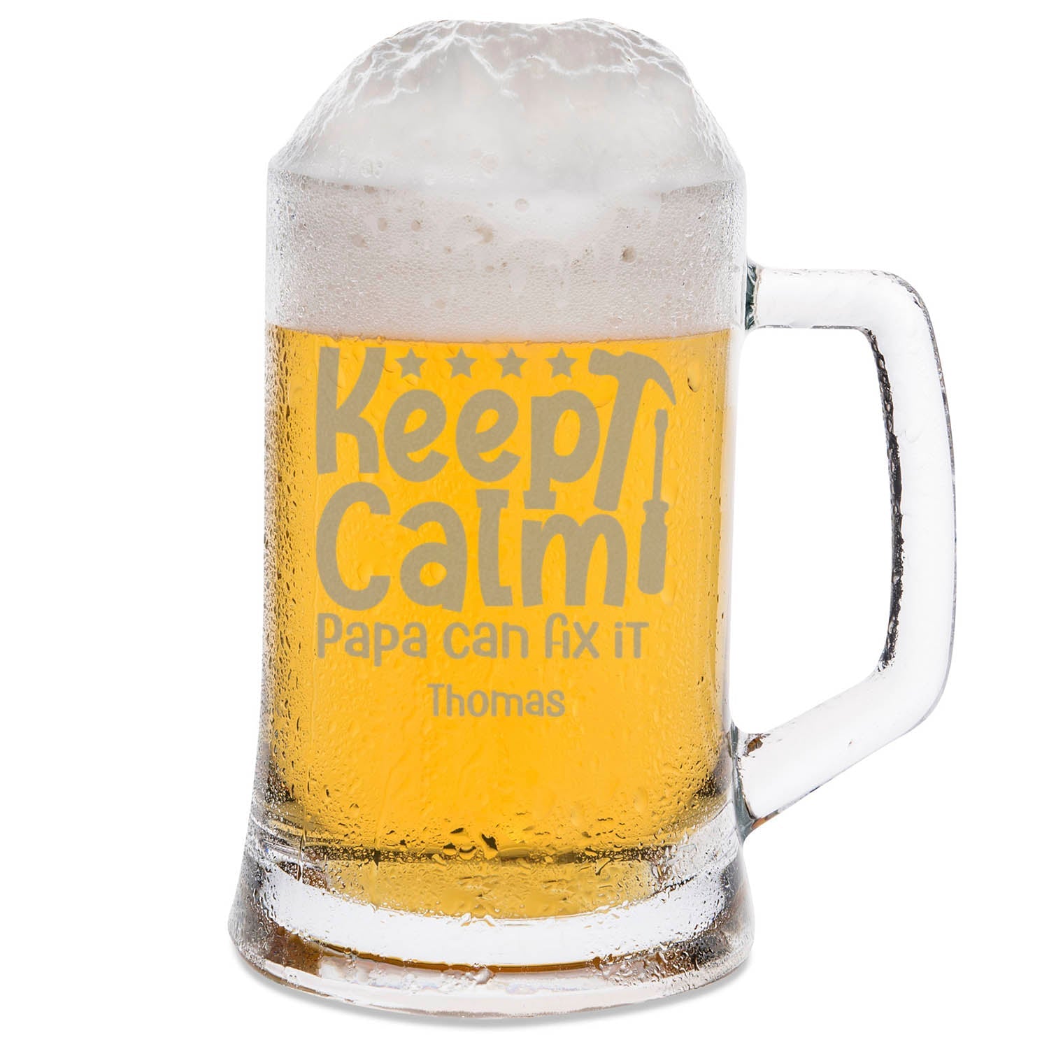 Montana Bierkrug mit Gravur "Keep calm papa can fix it" mit Name