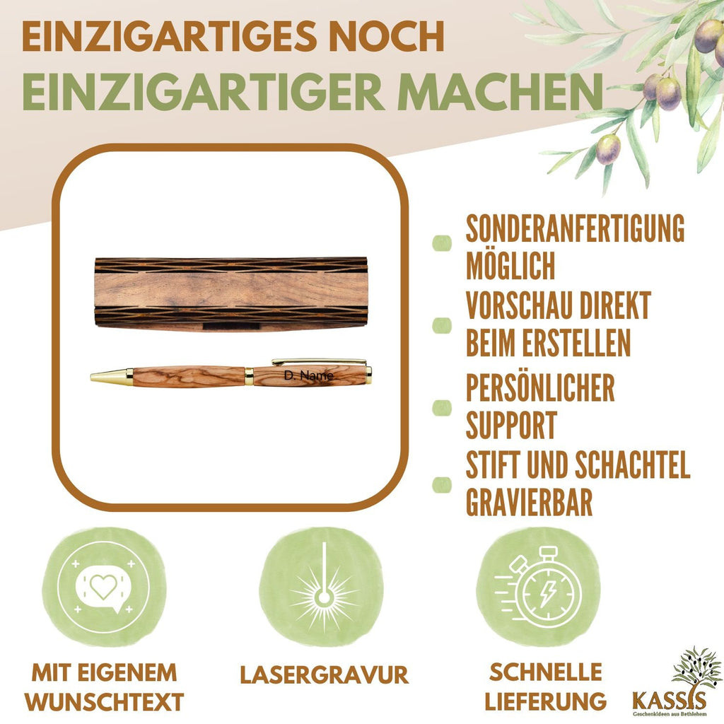 Kugelschreiber aus Olivenholz in Holzschachtel mit Gravur „Herzlichen Glückwunsch“ | Edles Geschenk für Geburtstag, Abschluss & Jubiläum