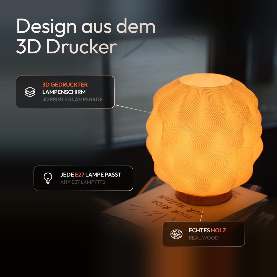 Numo Tischlampe mit orangefarbenem 3D-Lampenschirm, warm leuchtend