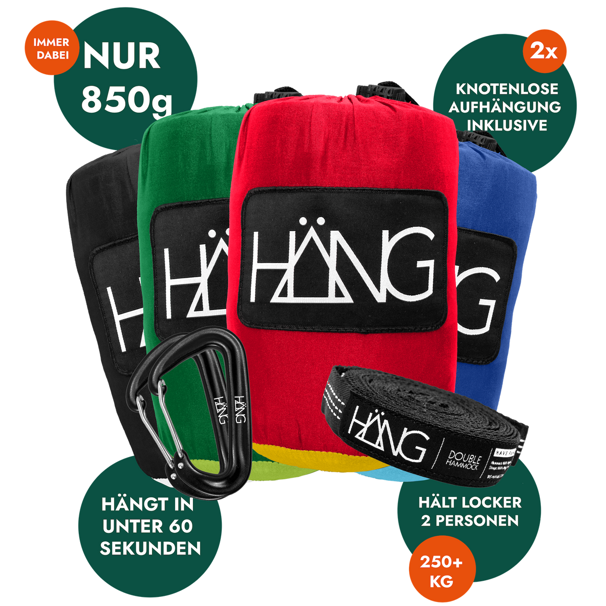 HÄNG Hängematten-Komplettset mit mehreren Hängemattenfarben und Zubehör
