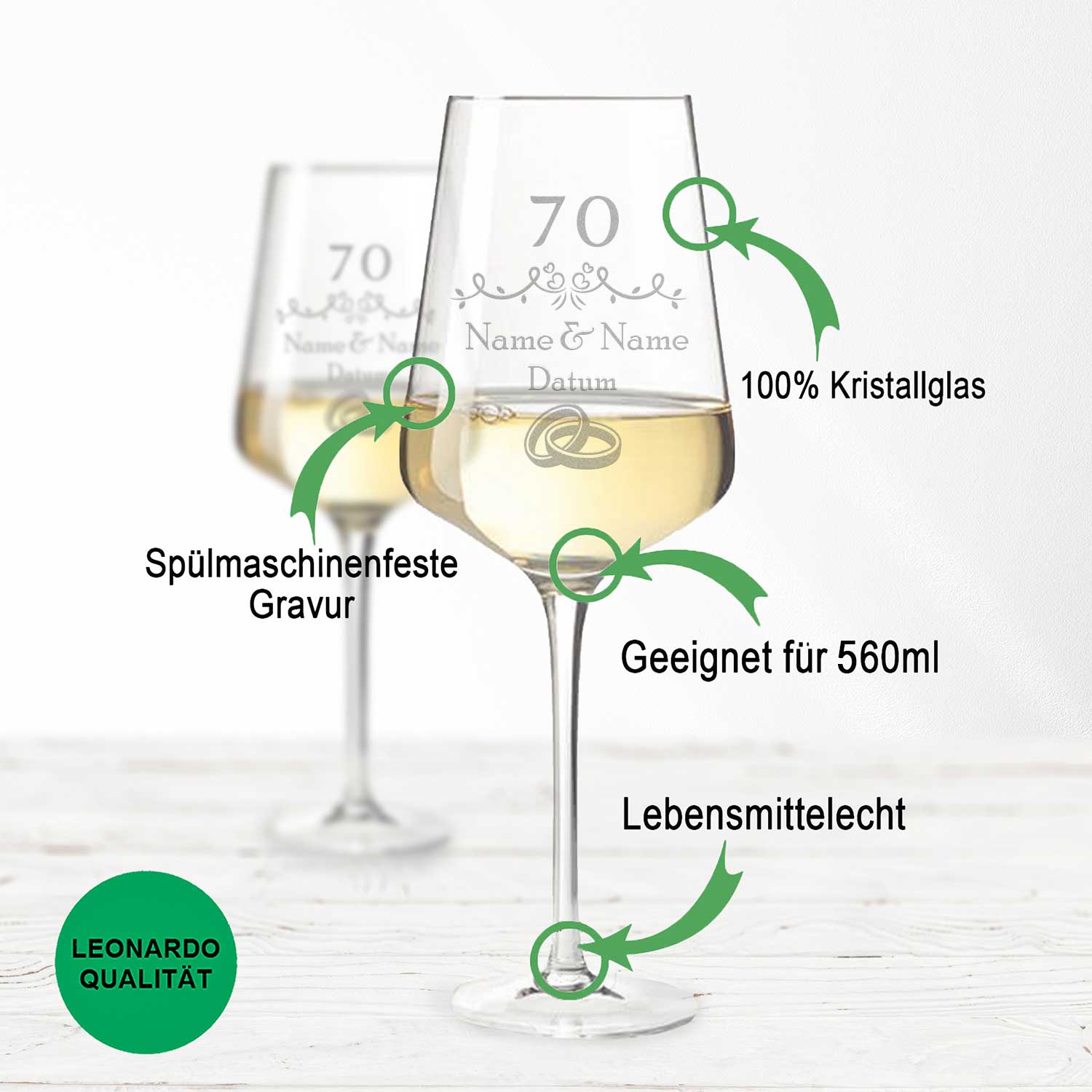 Leonardo Weingläser zur 70 Jahre Gnadenhochzeit mit Namen & Datum im Set