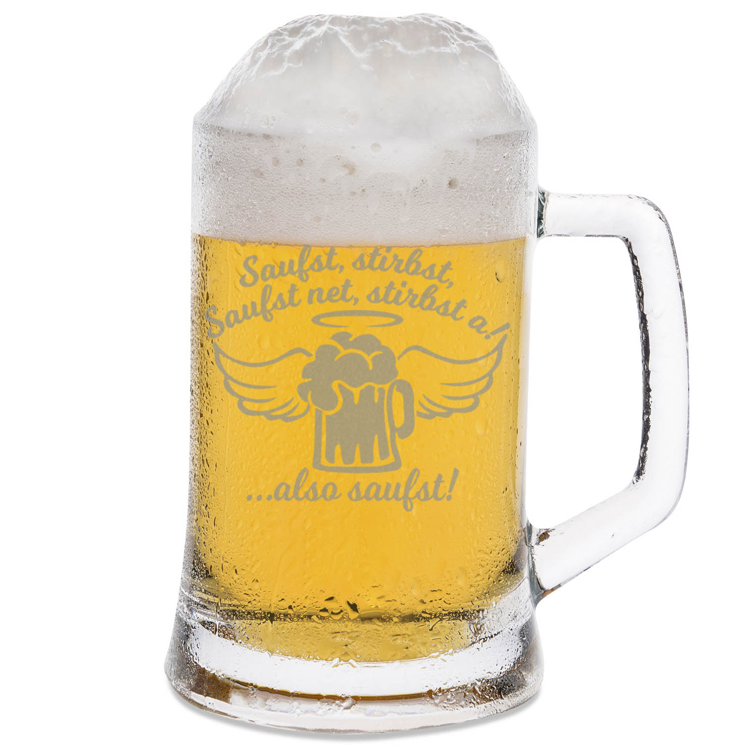 Montana Bierkrug mit Gravur "Saufst, stirbst, saufst net, stirbst a"