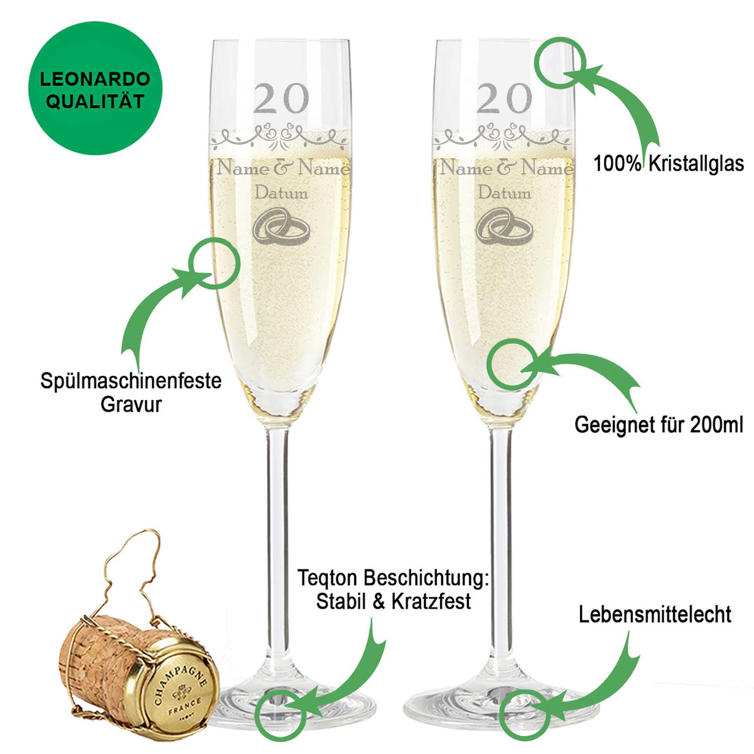 Leonardo Sektgläser mit Gravur "Porzellanhochzeit - 20 Jahre"