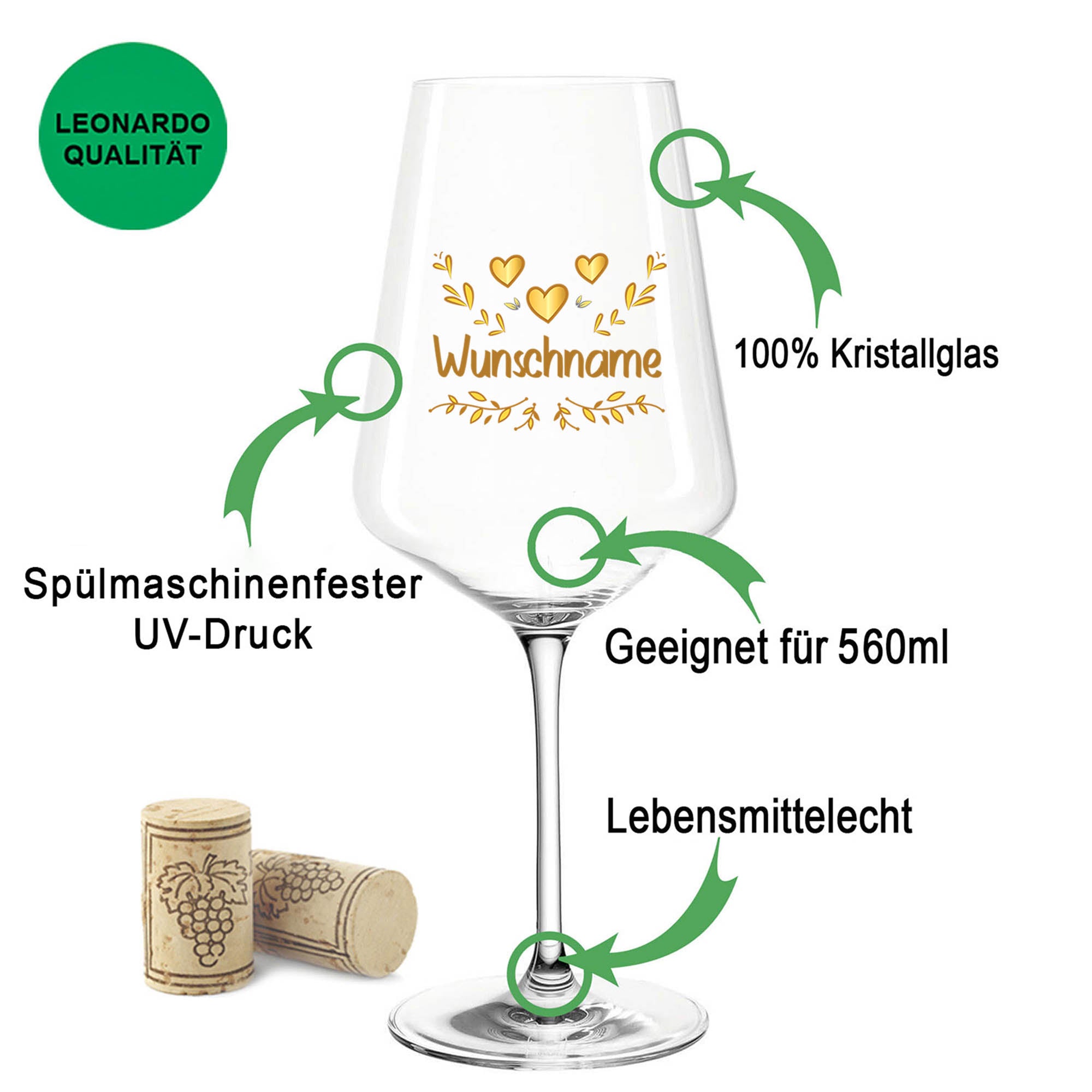 Leonardo Weinglas mit UV-Druck "Herzensmensch Floral Gold" Design