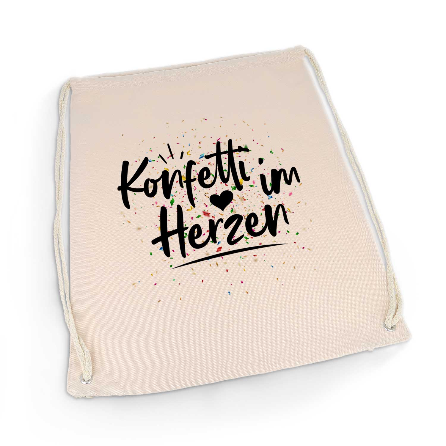 Bedruckter Turnbeutel mit Spruch Konfetti im Herzen