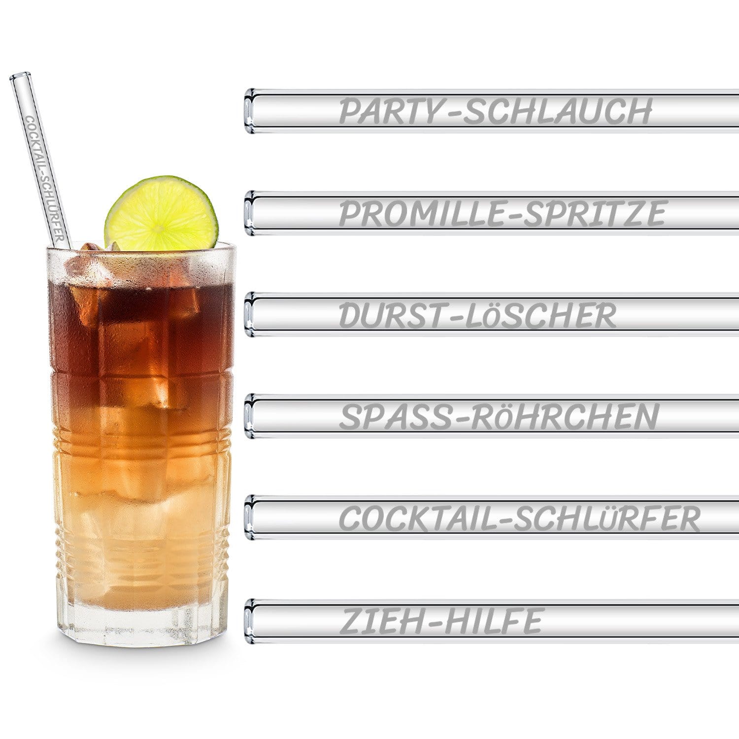 Lustige Strohhalm Namen Edition 6x Glastrinkhalme für Party Cocktails - 15cm, 20cm, 23cm