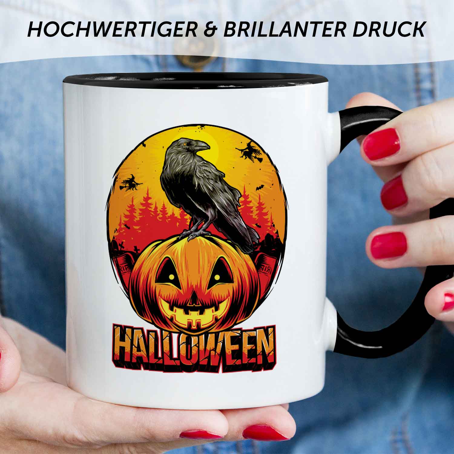 Bedruckte Tasse mit Motiv im Halloween Raben Design