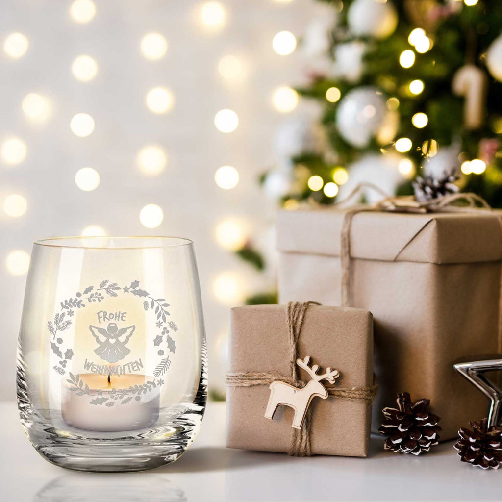 Teelicht mit Gravur - Weihnachtsdeko - Frohe Weihnachten Engel