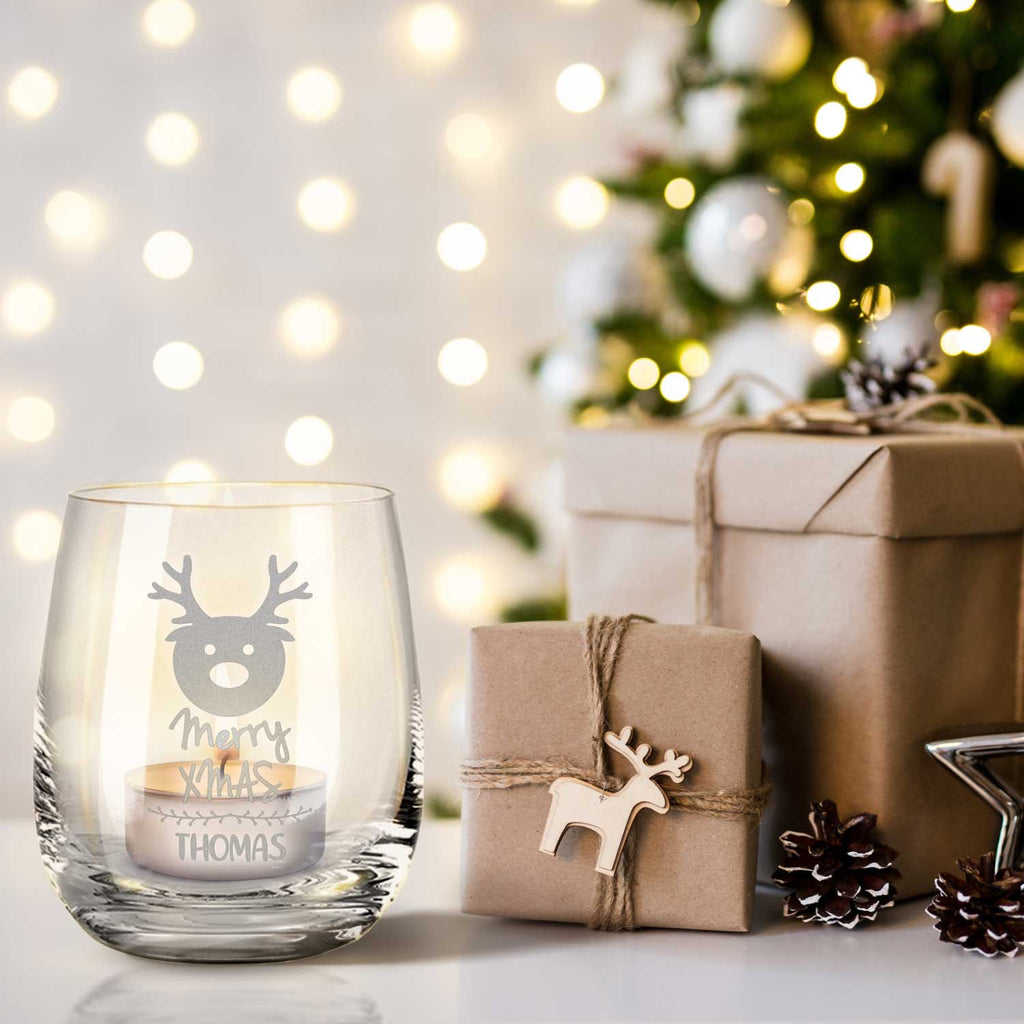 Teelicht mit Gravur - Weihnachtsdeko - Merry X Mas - Personalisiert mit Name