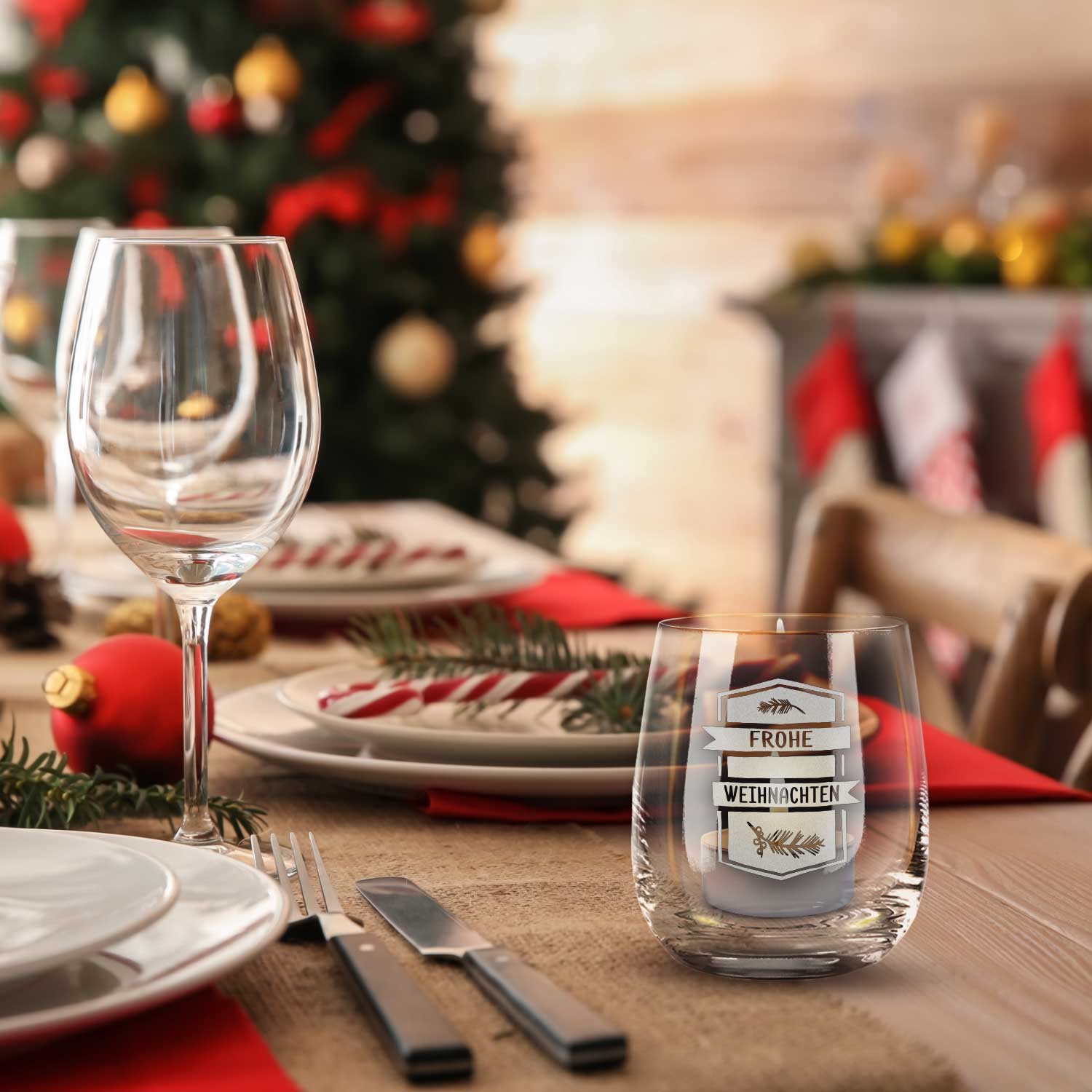 Teelicht mit Gravur - Weihnachtsdeko - Frohe Weihnachten Ast