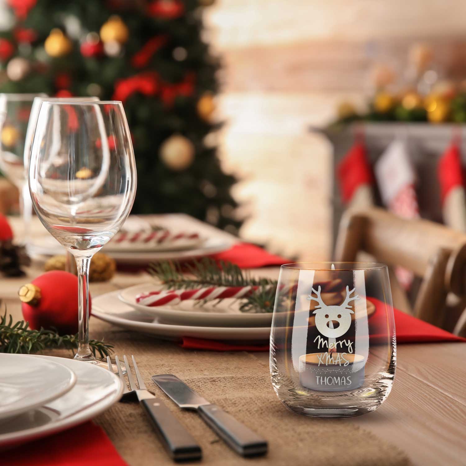 Teelicht mit Gravur - Weihnachtsdeko - Merry X Mas - Personalisiert mit Name