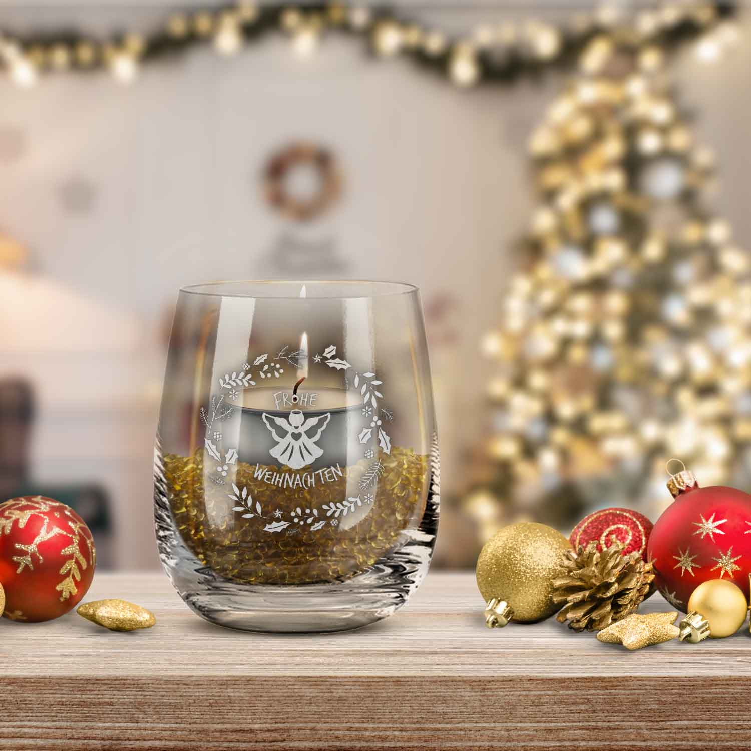 Teelicht mit Gravur - Weihnachtsdeko - Frohe Weihnachten Engel
