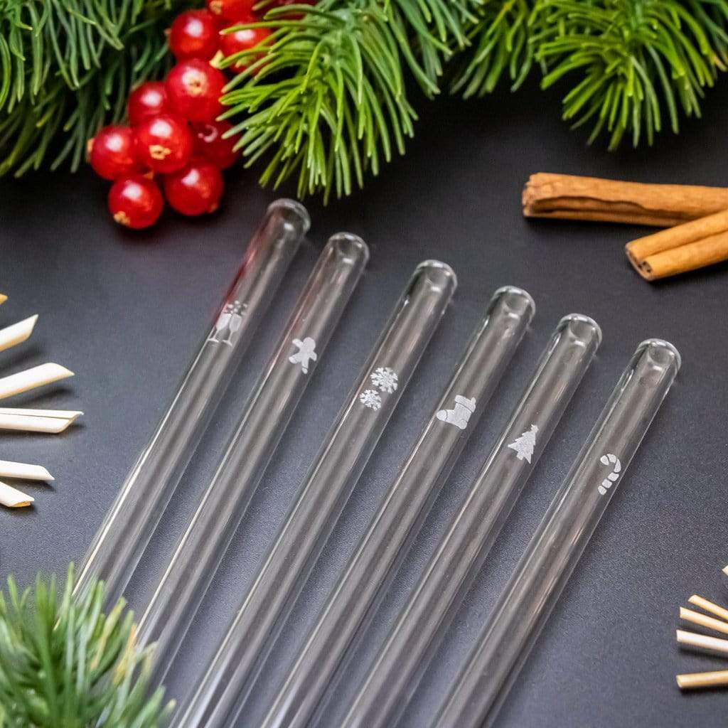 Weihnachtsedition 6x Glasstrohhalme mit gravierten Motiven - 15cm, 20cm, 23cm