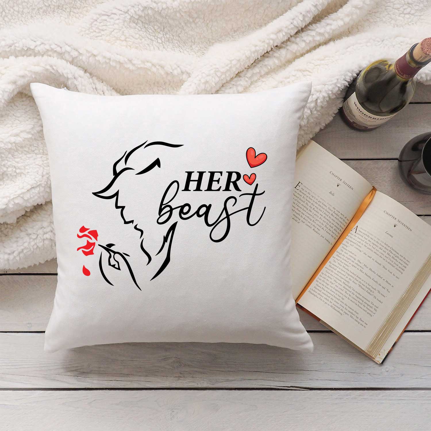 Bedrucktes Kissen mit Spruch Beauty & Beast im Set