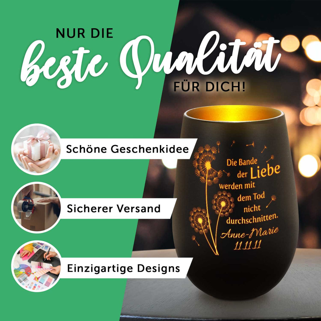 Deko Windlicht aus Glas mit Gravur - Nature Circle Flower - Personalisiert mit Namen