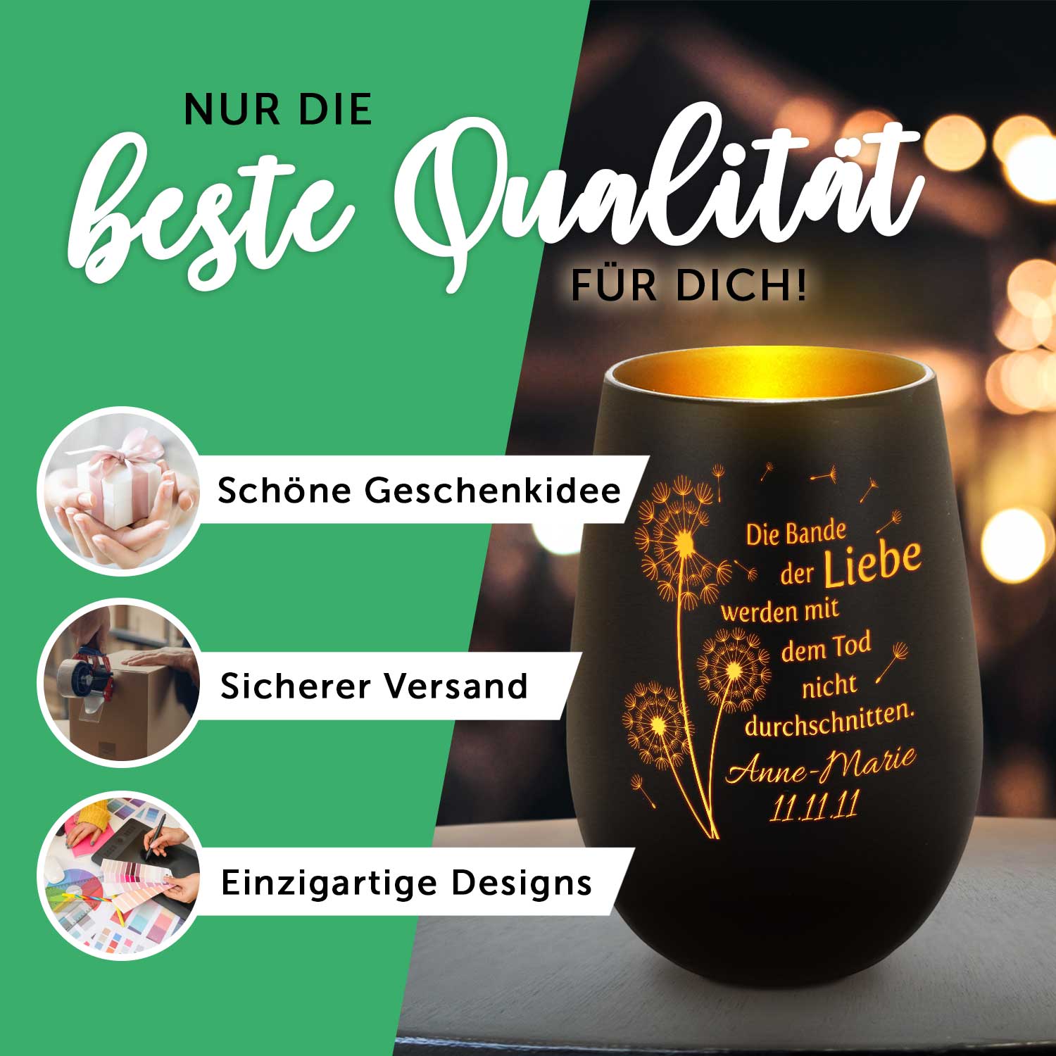 Deko Windlicht aus Glas mit Gravur - Nature Circle Flower - Personalisiert mit Namen