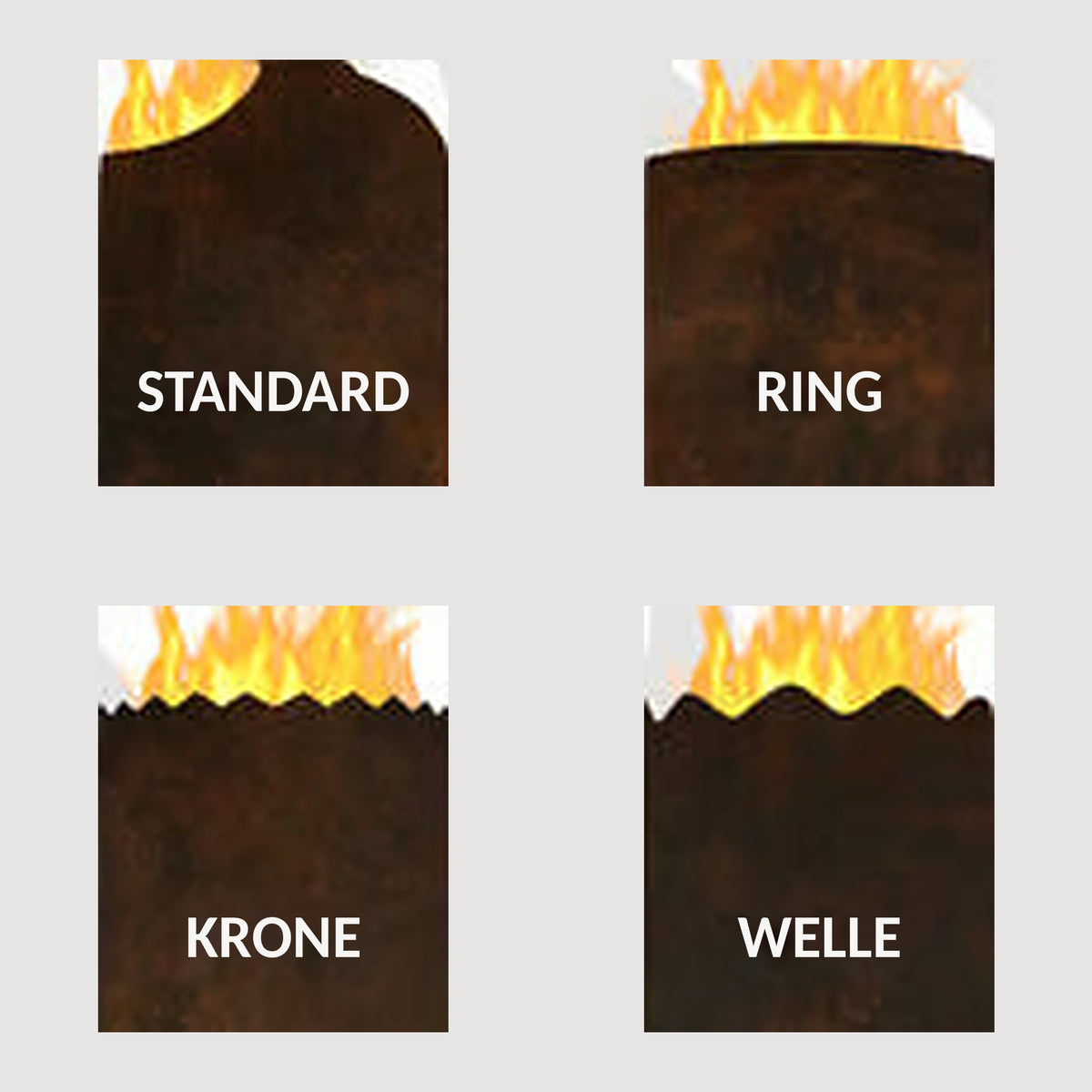 Feuertonne Lagerfeuer mit Standard-, Ring-, Kronen- und Wellenöffnung