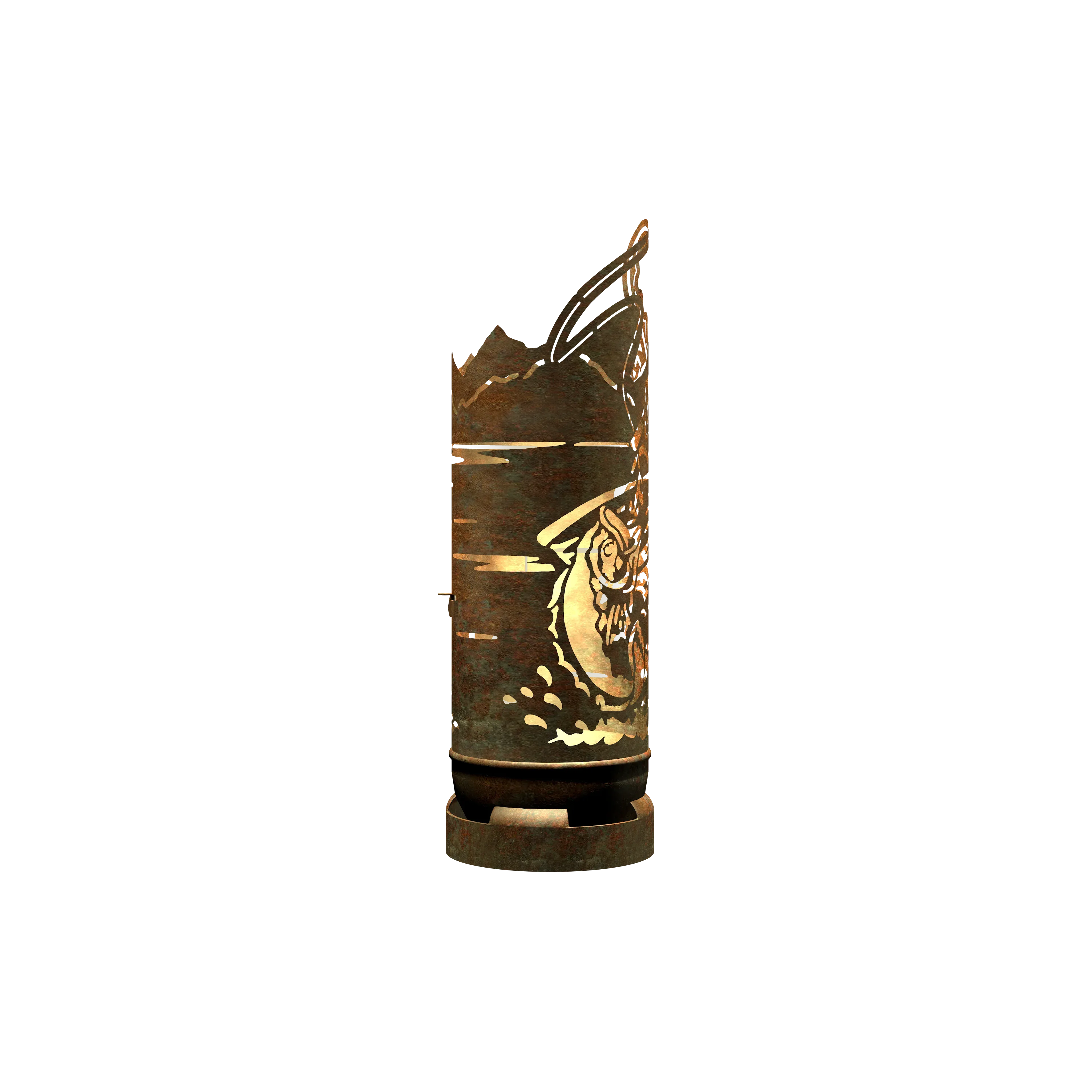 Metall-Dekolaterne mit Henkel, Seemannmotiv und Linienornament, rundem Sockel