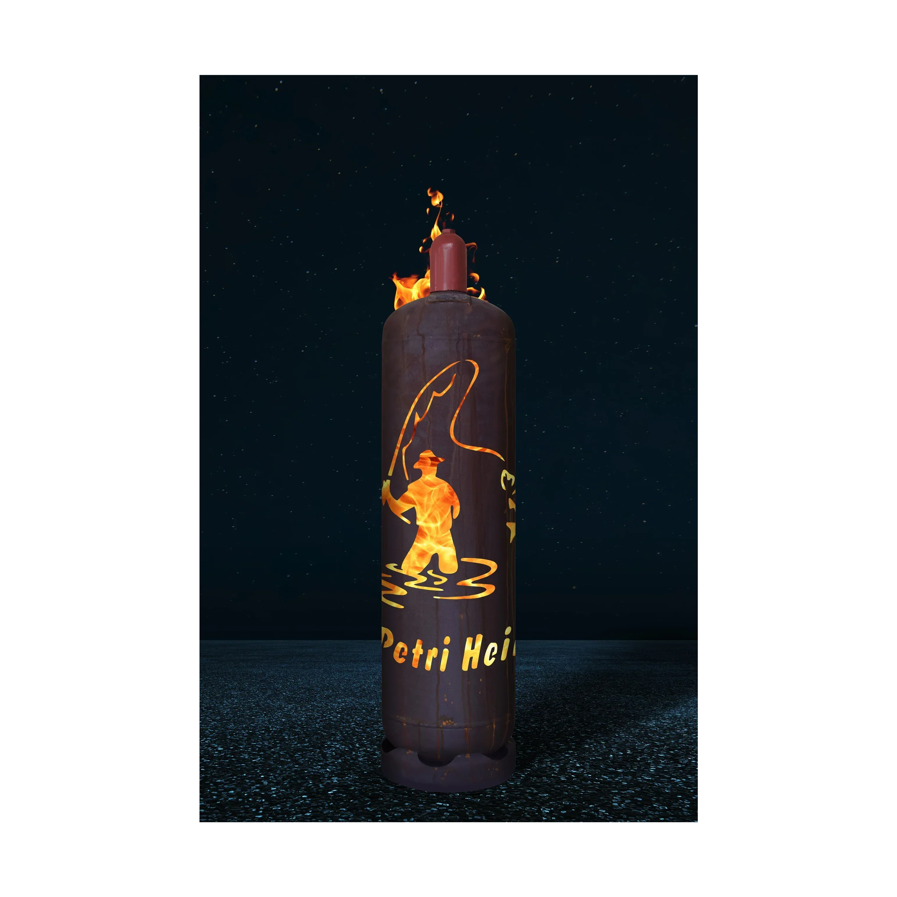 Feuertonne aus Metall mit gelbem Motivaufdruck und brennender Flamme oben
