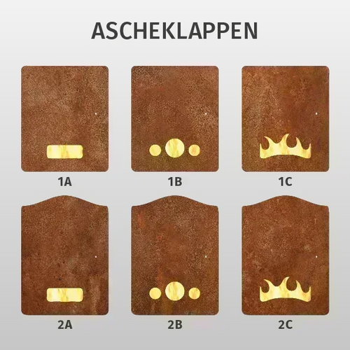 Feuertonne mit Ascheklappen-Varianten und goldenen Motivaussparungen