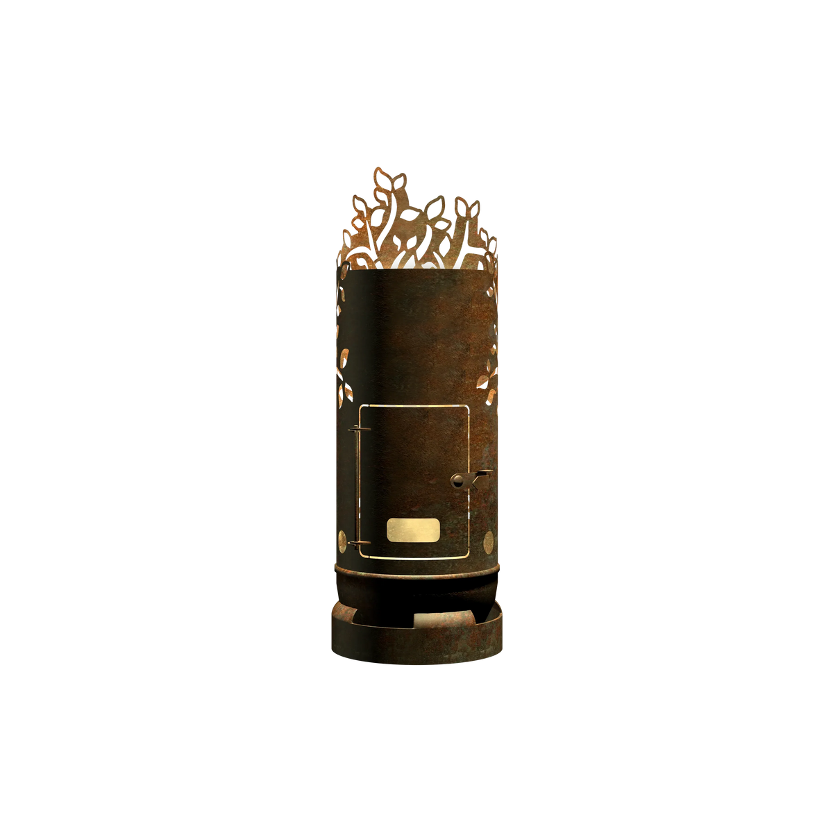 Feuertonne mit Baum-Motiv, rostbraunes Stahlgehäuse und vorderer Öffnung