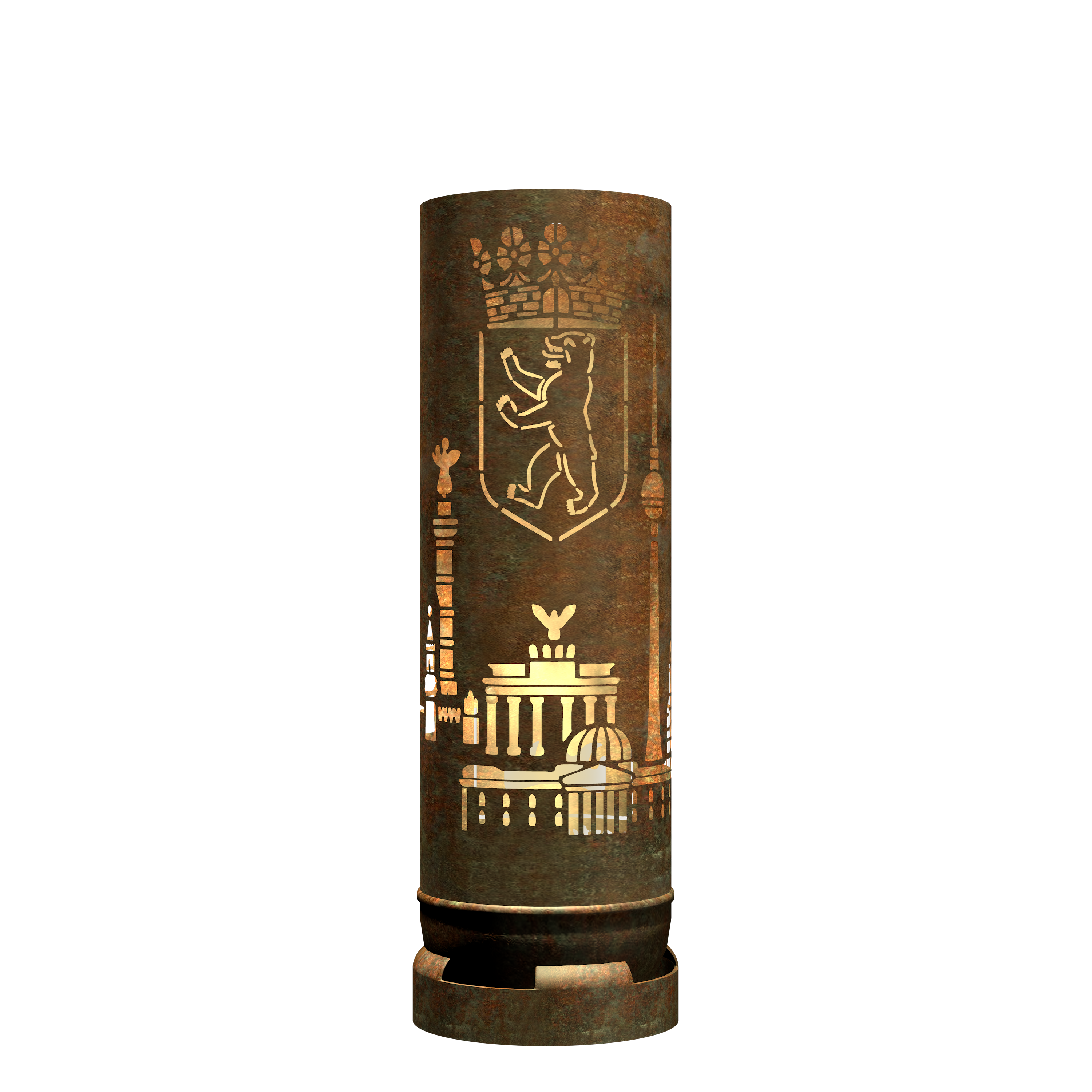 Feuertonne Berlin mit goldenem Wappen- und Stadtmotiv auf rostfarbenem Rohr
