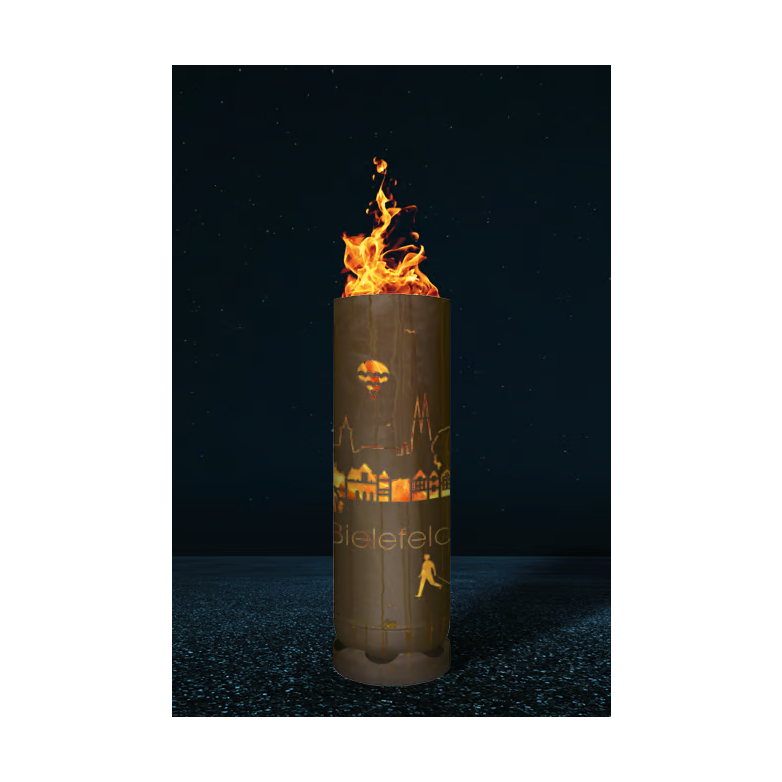 Feuertonne Bielefeld, zylindrische Stahl-Feuerschale mit Flamme oben und Skyline-Print