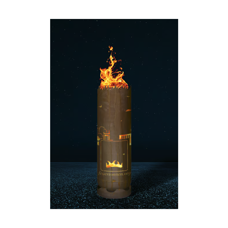 Feuertonne Bielefeld, zylindrische Stahl-Feuerschale mit Flamme oben und Frontgrafik