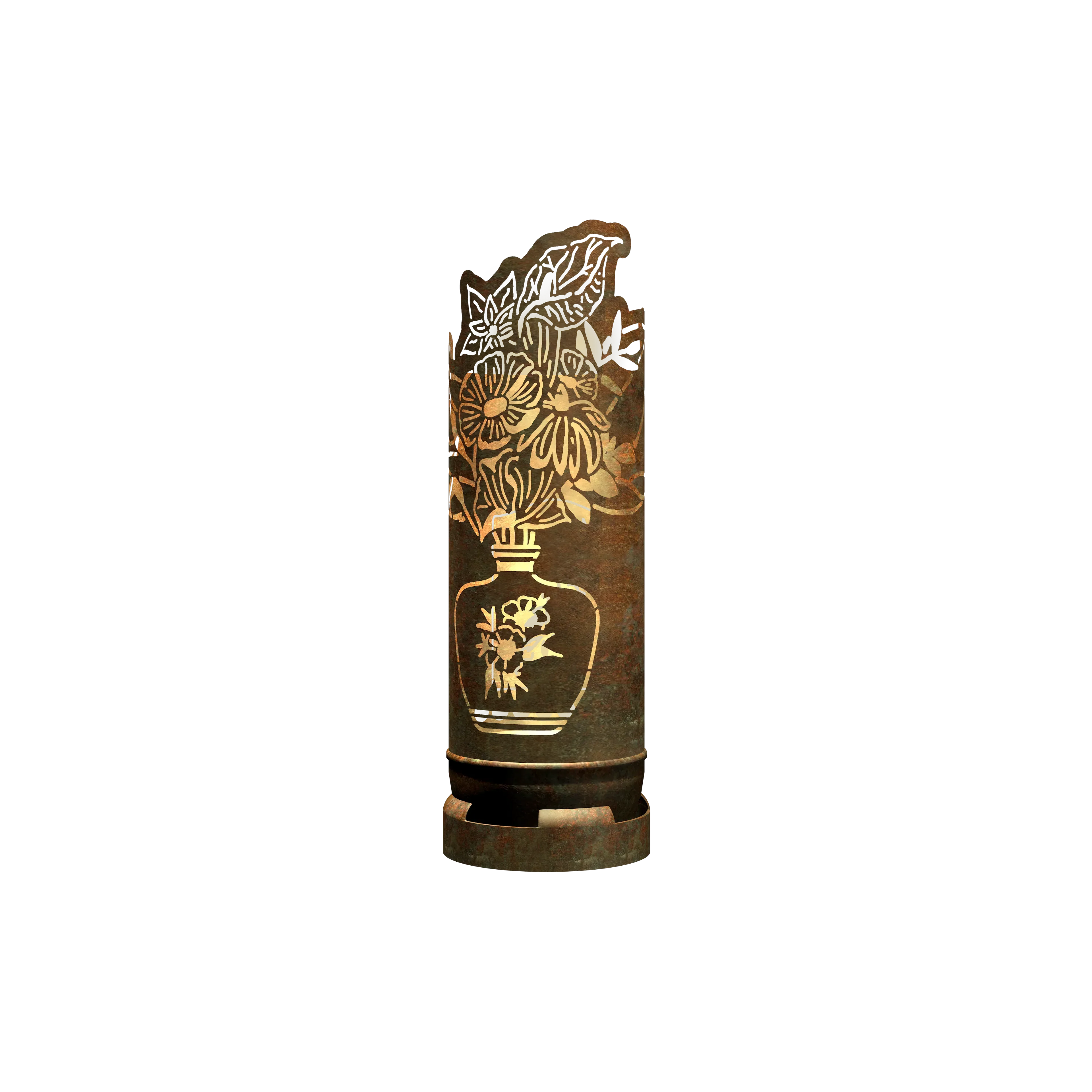 Feuertonne mit goldfarbenem Blumenstrauß-Motiv, zylindrischer Feuerkorb