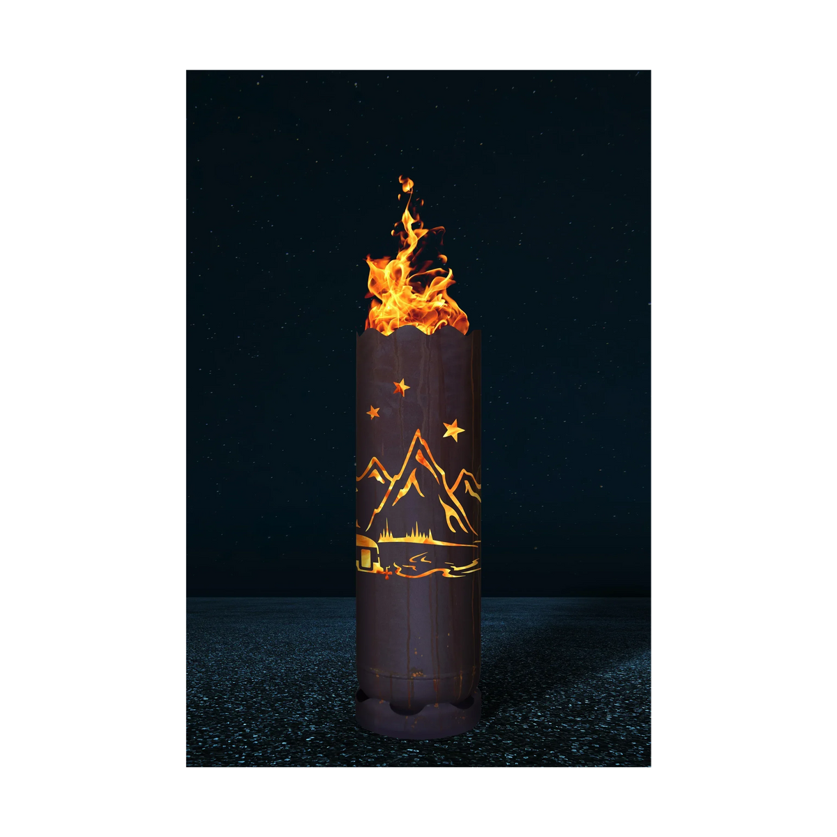 Feuertonne mit Berg- und Sternenmotiv, zylindrischer Metallbehälter mit offener Flamme