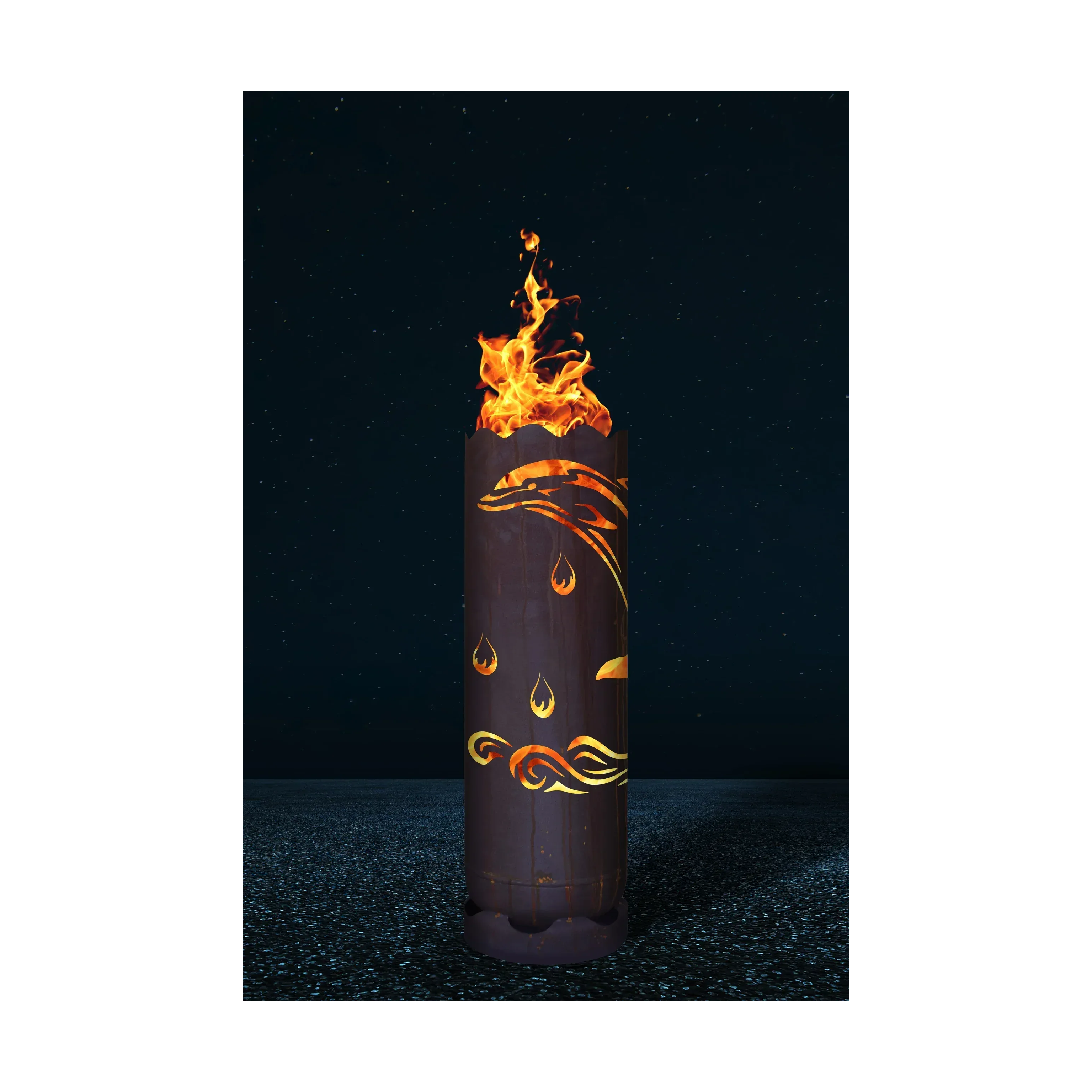 Feuertonne Delphin 1 mit zylindrischer Stahltonne, dunkler Oberfläche und Flammen-Design am Schaft