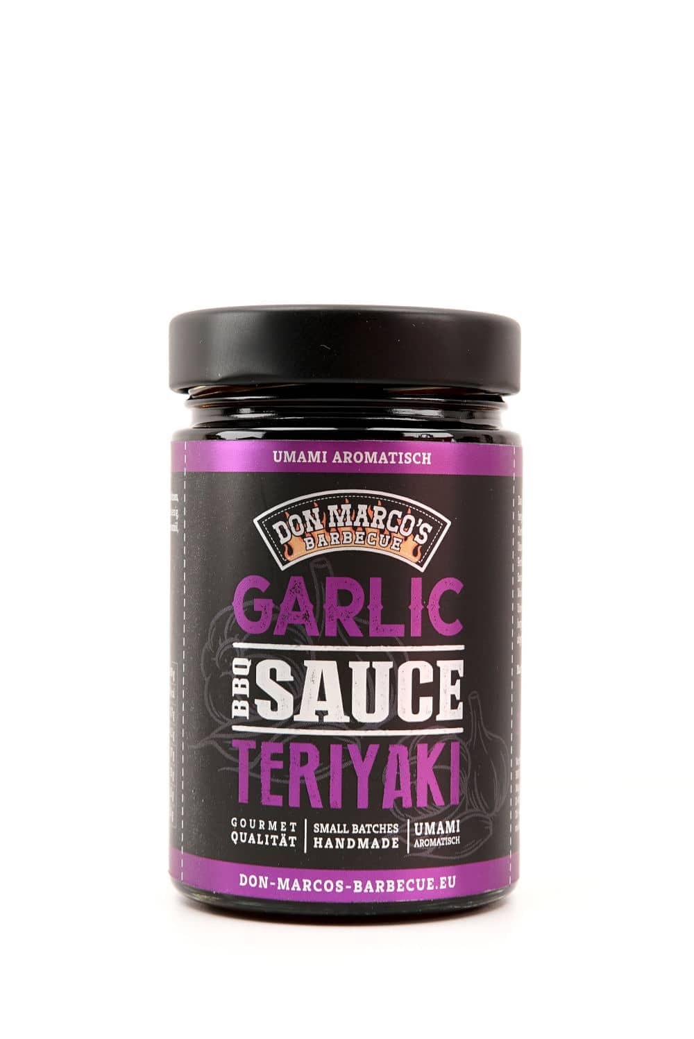 Don Marcos Garlic Teriyaki Sauce im Glas mit schwarzem Deckel