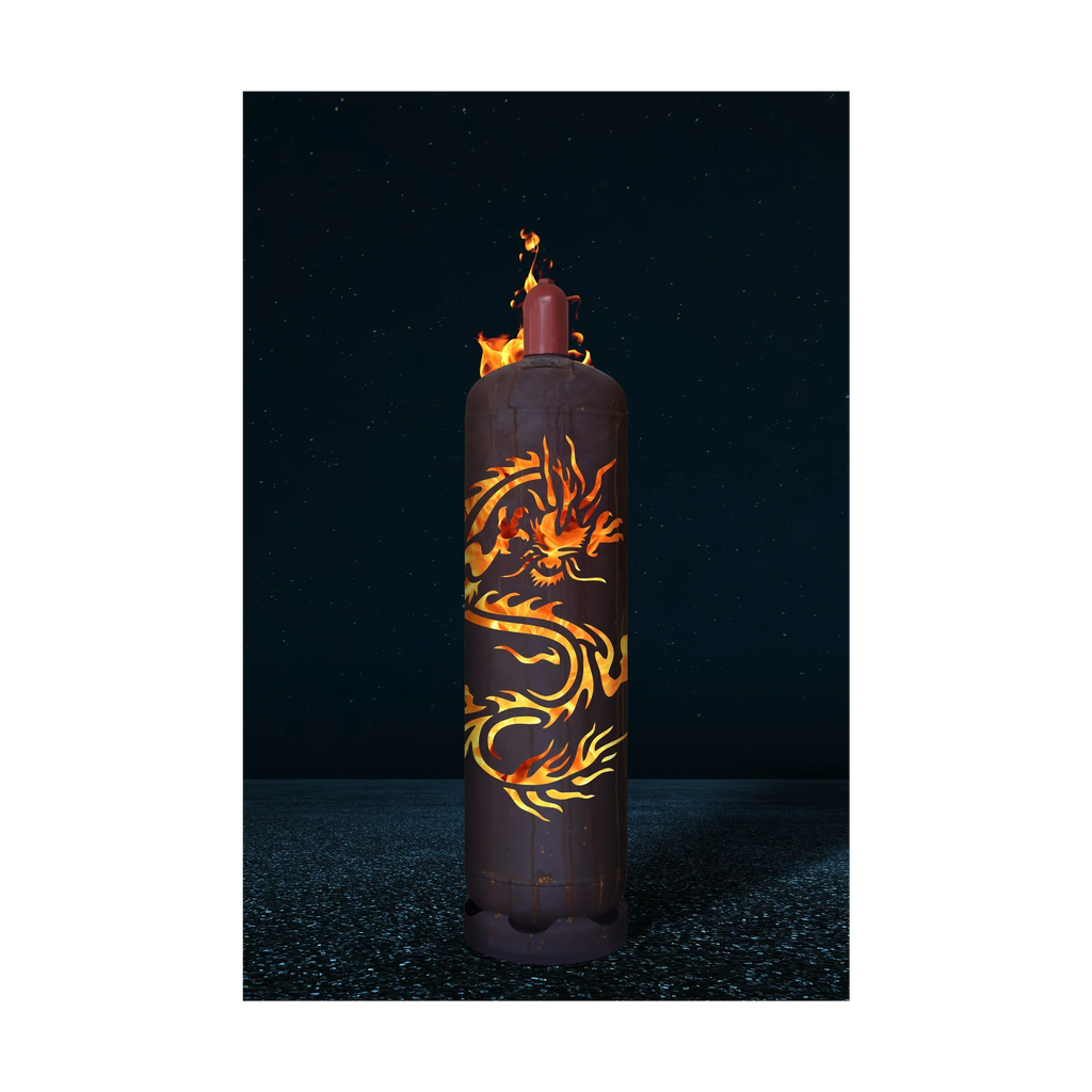 Feuertonne mit Drachen- und Flammenmotiv, zylindrischer Metallkörper in Dunkelbraun