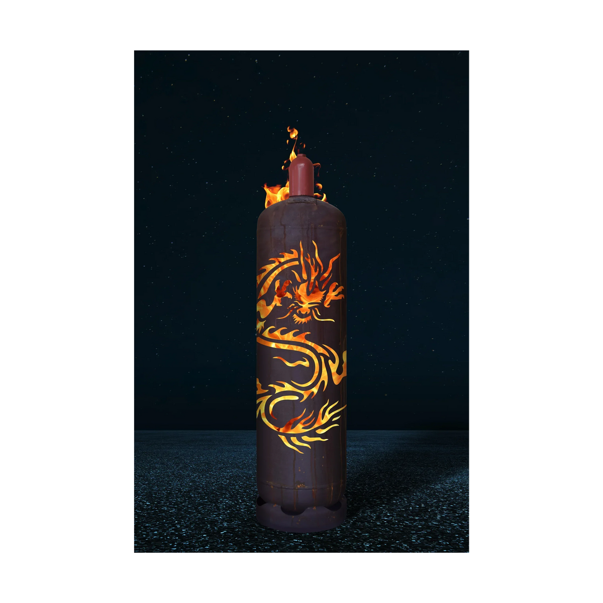 Feuertonne mit Drachen- und Flammenmotiv, zylindrischer Metallkörper in Dunkelbraun