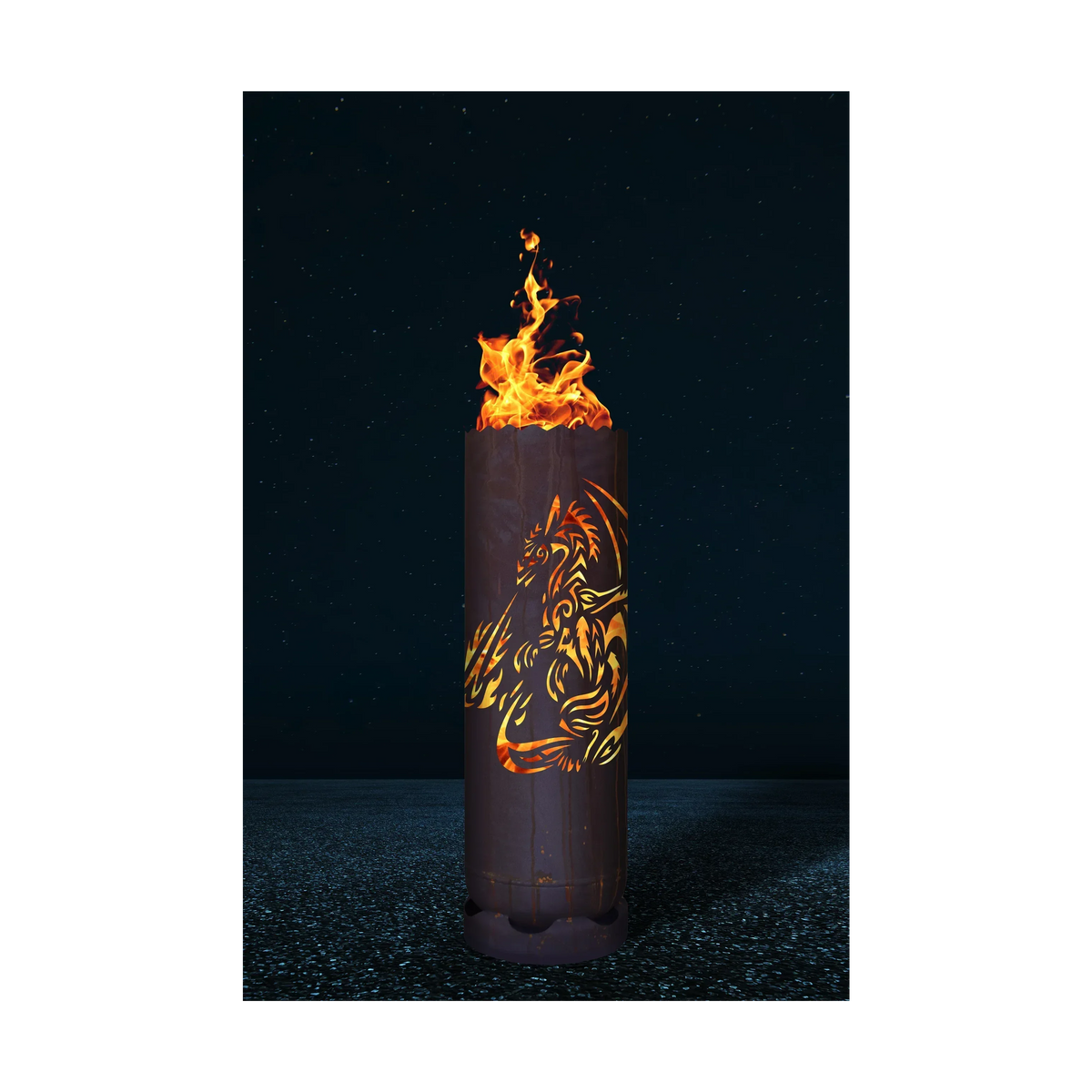 Feuertonne mit Drachenmotiv, zylindrisch, oben brennende Flamme