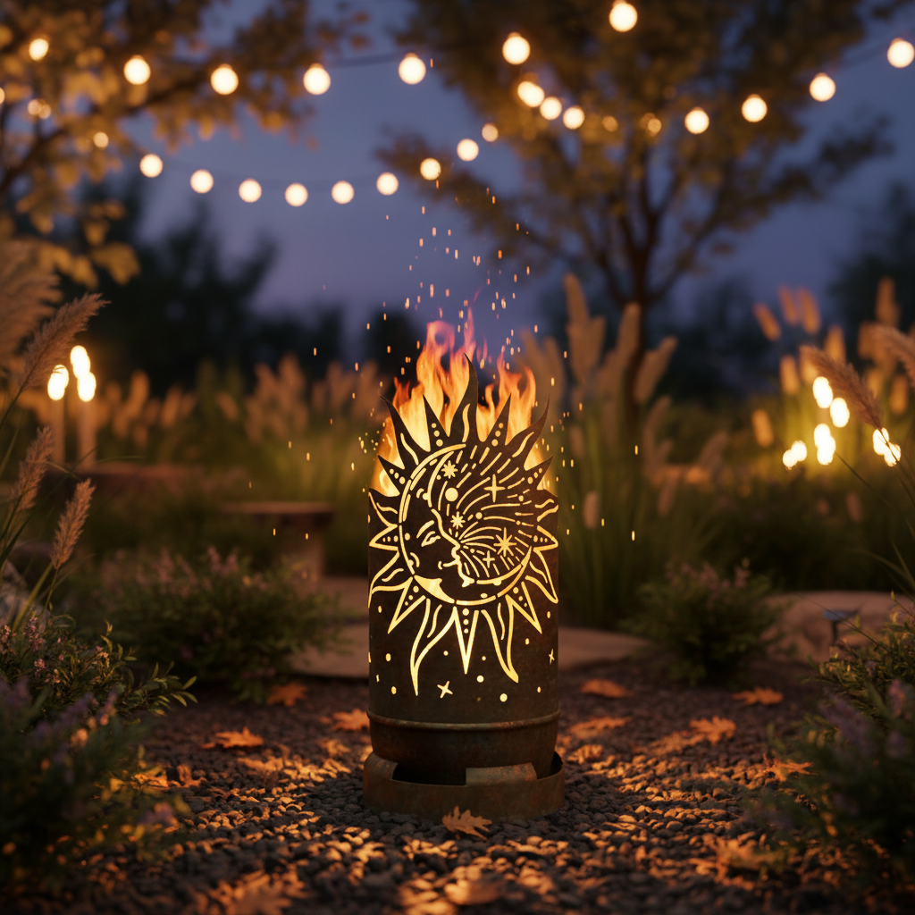 Dropslik Feuertonne Sonne & Mond – Atmosphärische Gartenszene