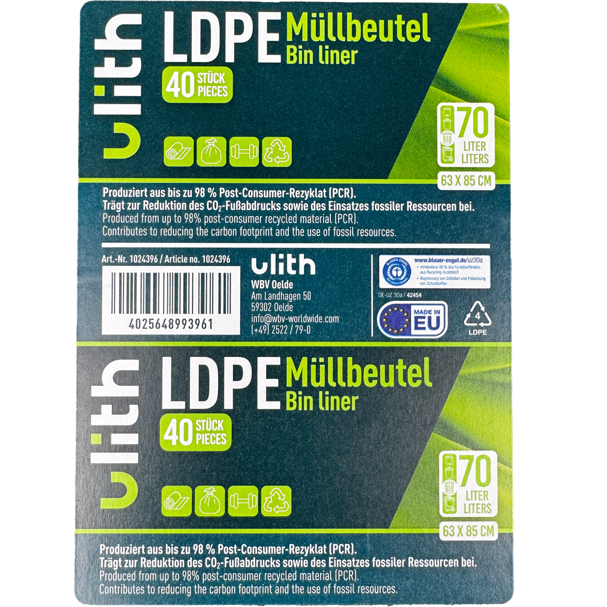 70L LDPE Müllbeutel - 11 my - 98% PCR - Blauer Engel - Made in EU
