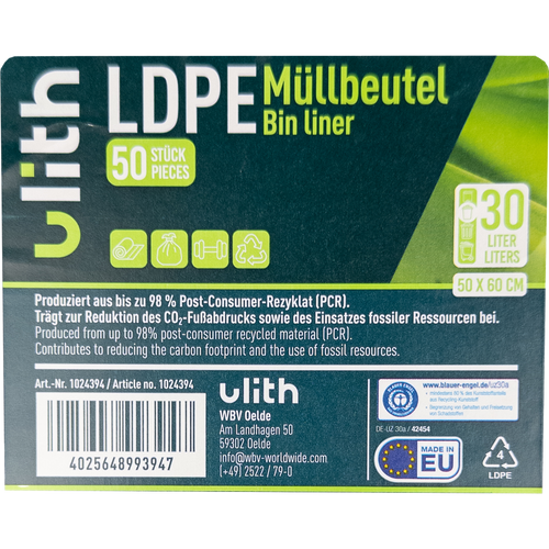 30L LDPE Müllbeutel - 9 my - 98% PCR - Blauer Engel - Made in EU