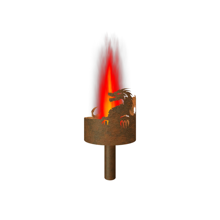 Gartenfackel Drache mit runder Feuerschale und Drachenrelief, Flamme auf Stiel