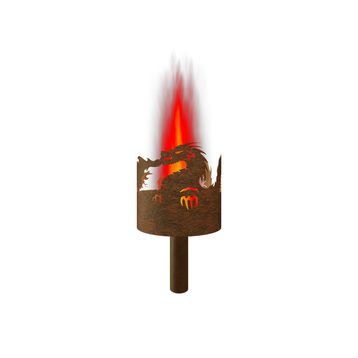 Gartenfackel Feuerdrache mit Flammen, runde Metallschale mit rotem Drachenmuster