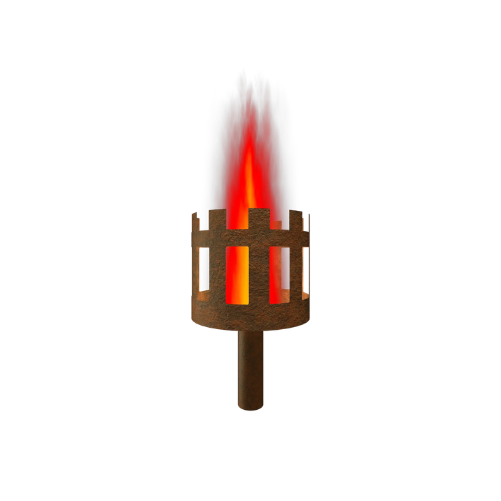 Mittelalterliche Gartenfackel mit Metallkopf und brennender Flamme, am Stiel